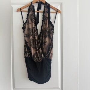 Bebe Black and Beige Lace Top